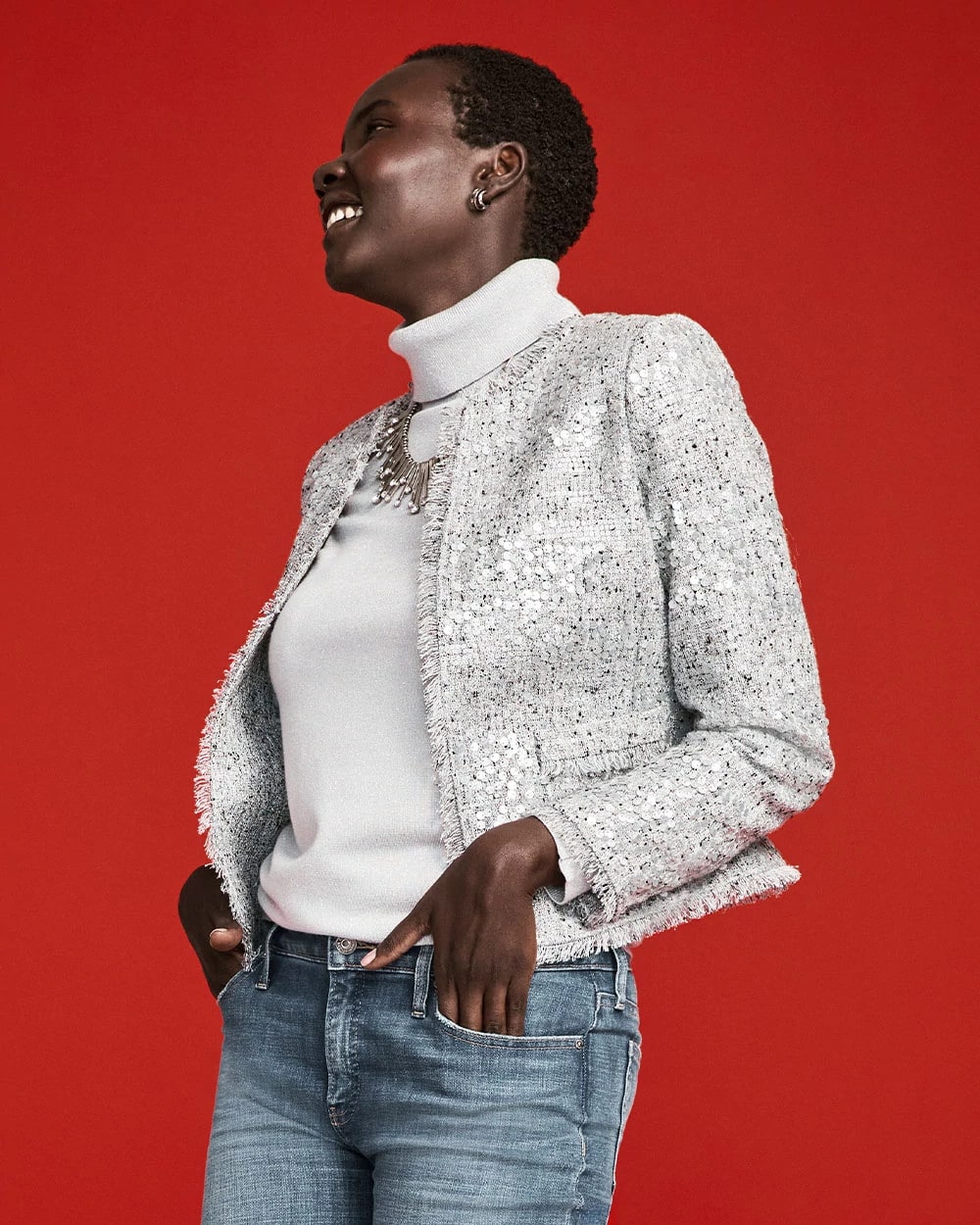Chico's Silver Sequins Tweed Jacket