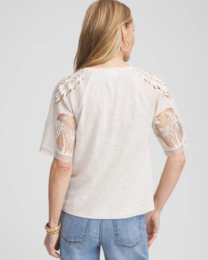 Chico's Linen Crochet Lace Short Sleeve Tee