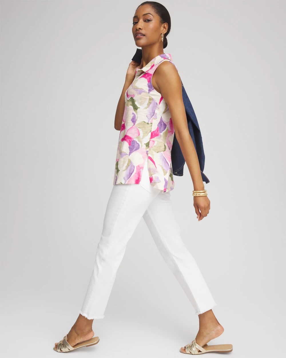 Chico's Watercolor Slub Sleeveless Collared Tunic