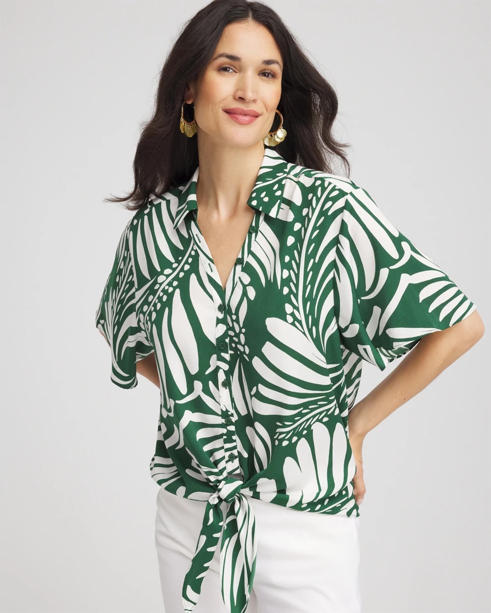 Chico's Palm Print Tie-Front Silky Top