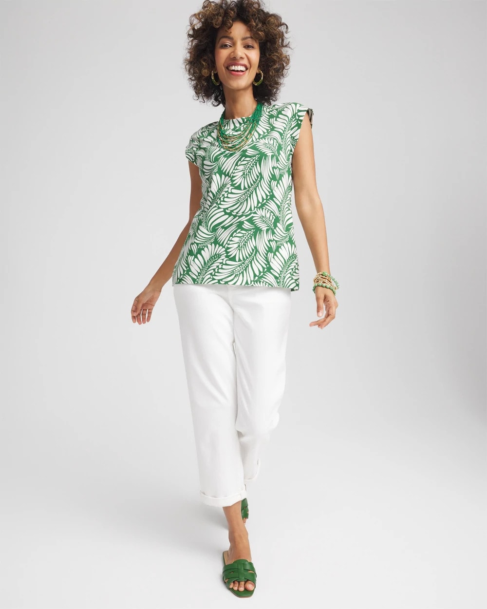 Chico's Palm-Frond-Print Cap-Sleeve Top