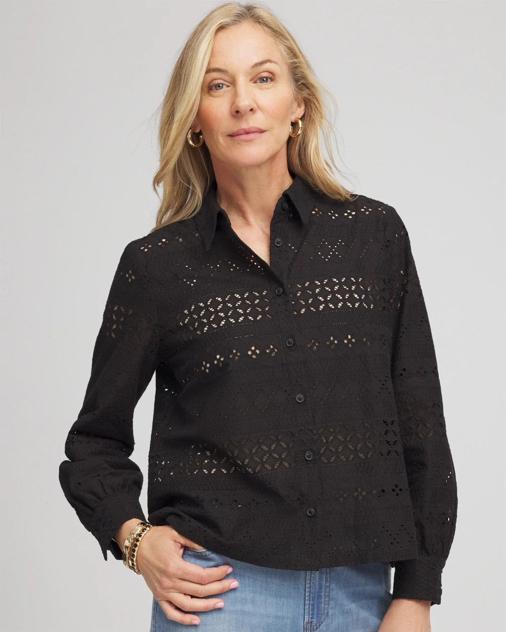 Chico's Embroidered Eyelet Collared Shirt
