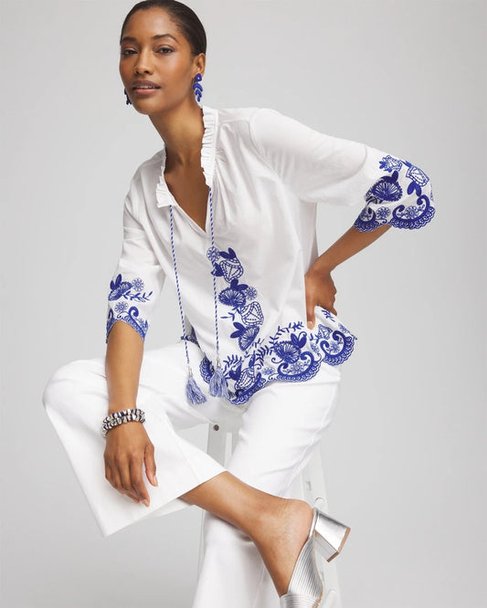 Chico's Embroidered Tassel Tie-Front Blouse