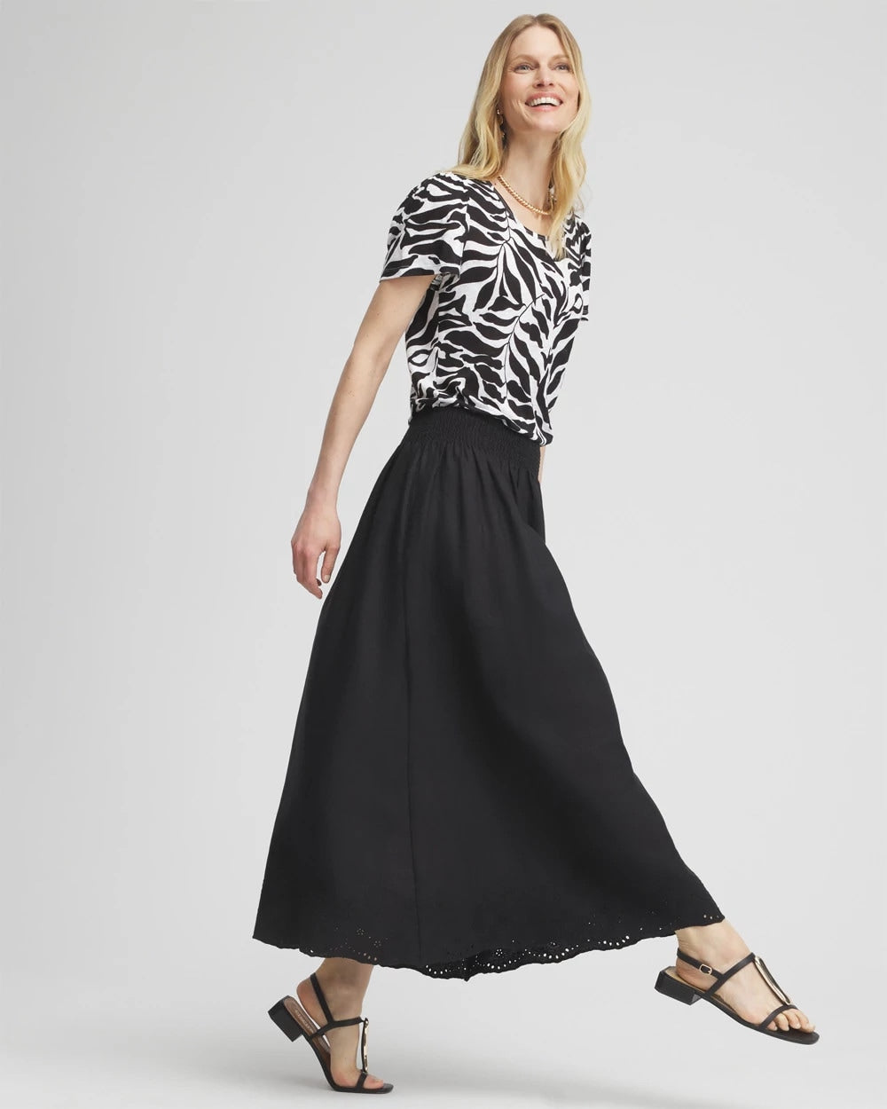 Chico's Linen Embroidered Scallop Hem Skirt