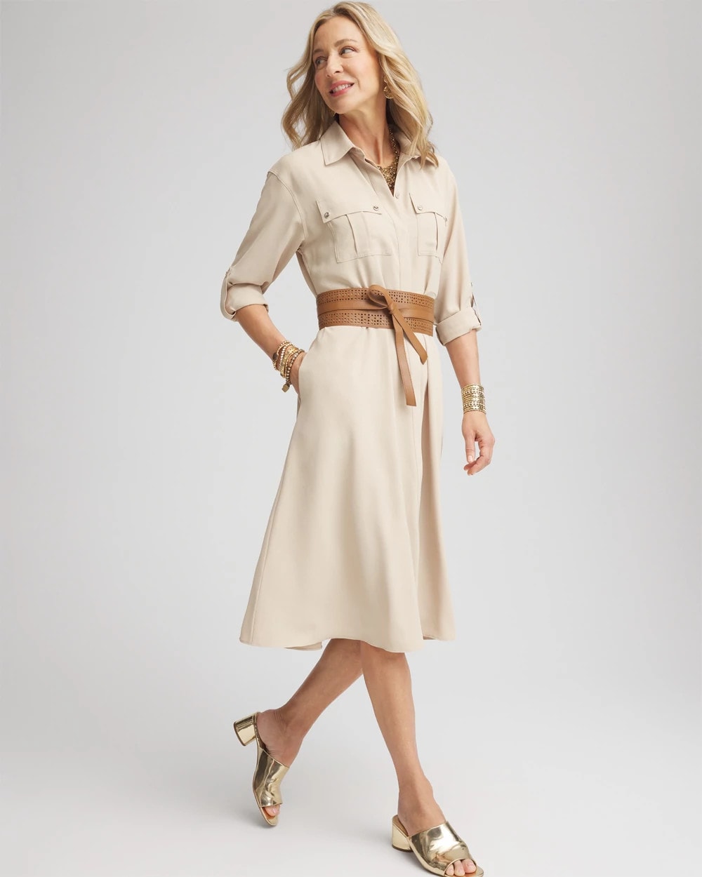 Chico's Twill Belted Midi Shirtdress