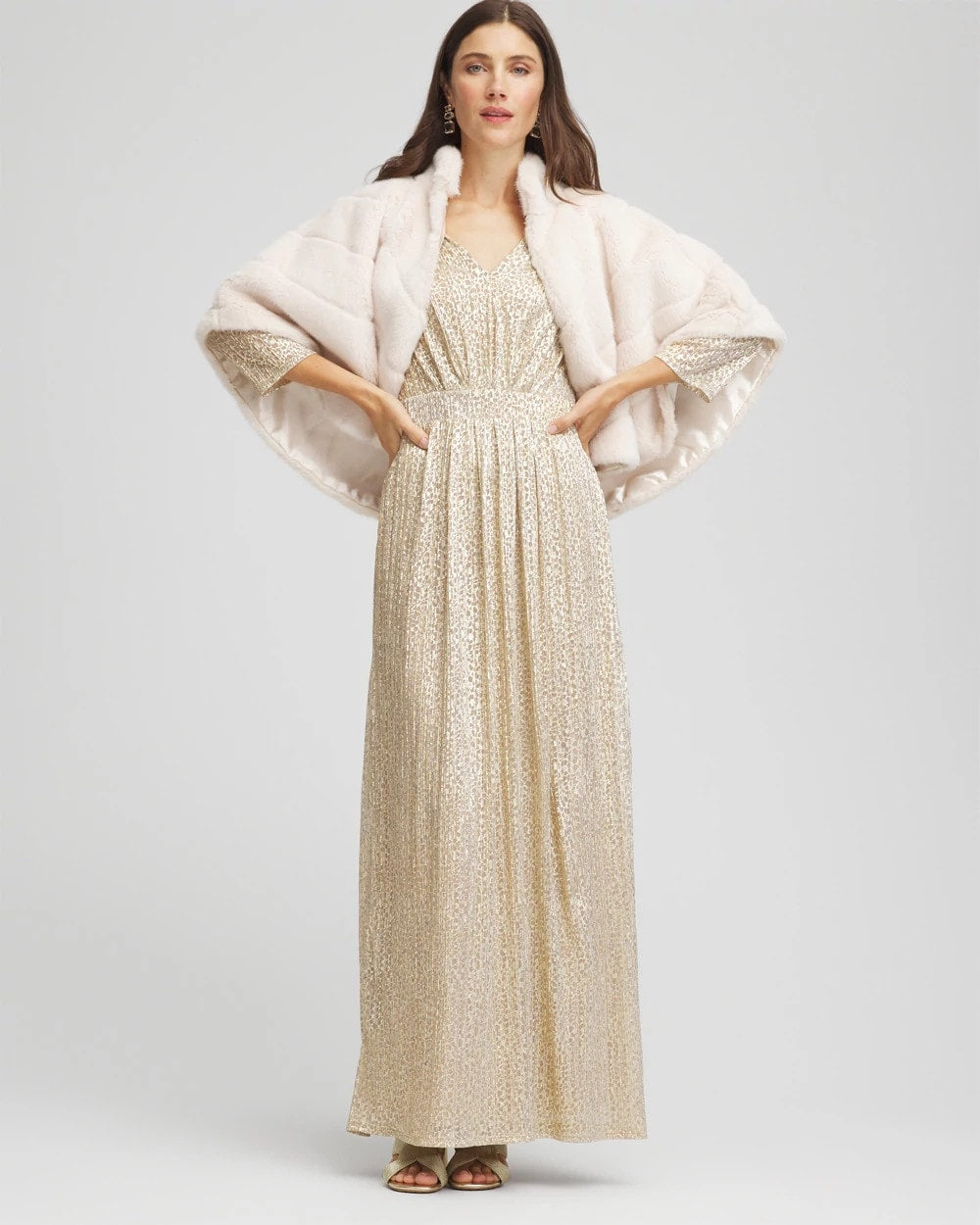 Chico's Petite Metallic Knit Pleated Maxi Dress